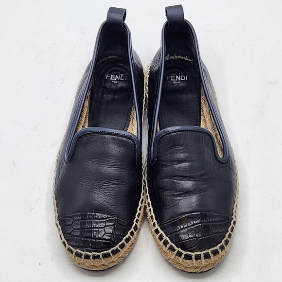 Fendi Leather Black Croc Embossed Cap Toe Junia Espadrilles Flats Size 37 - Picture 13 of 15